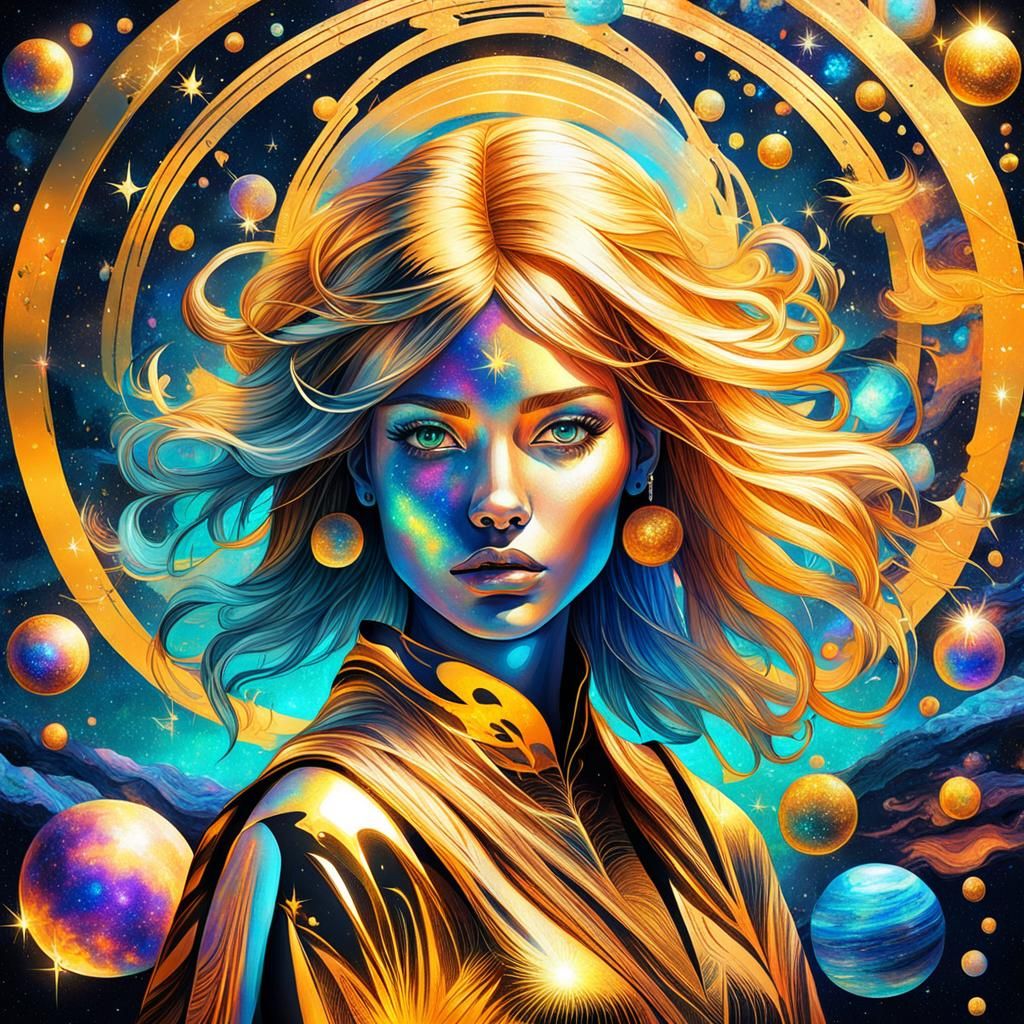 Cosmic Girl with Golden Hair in Astral Illustration