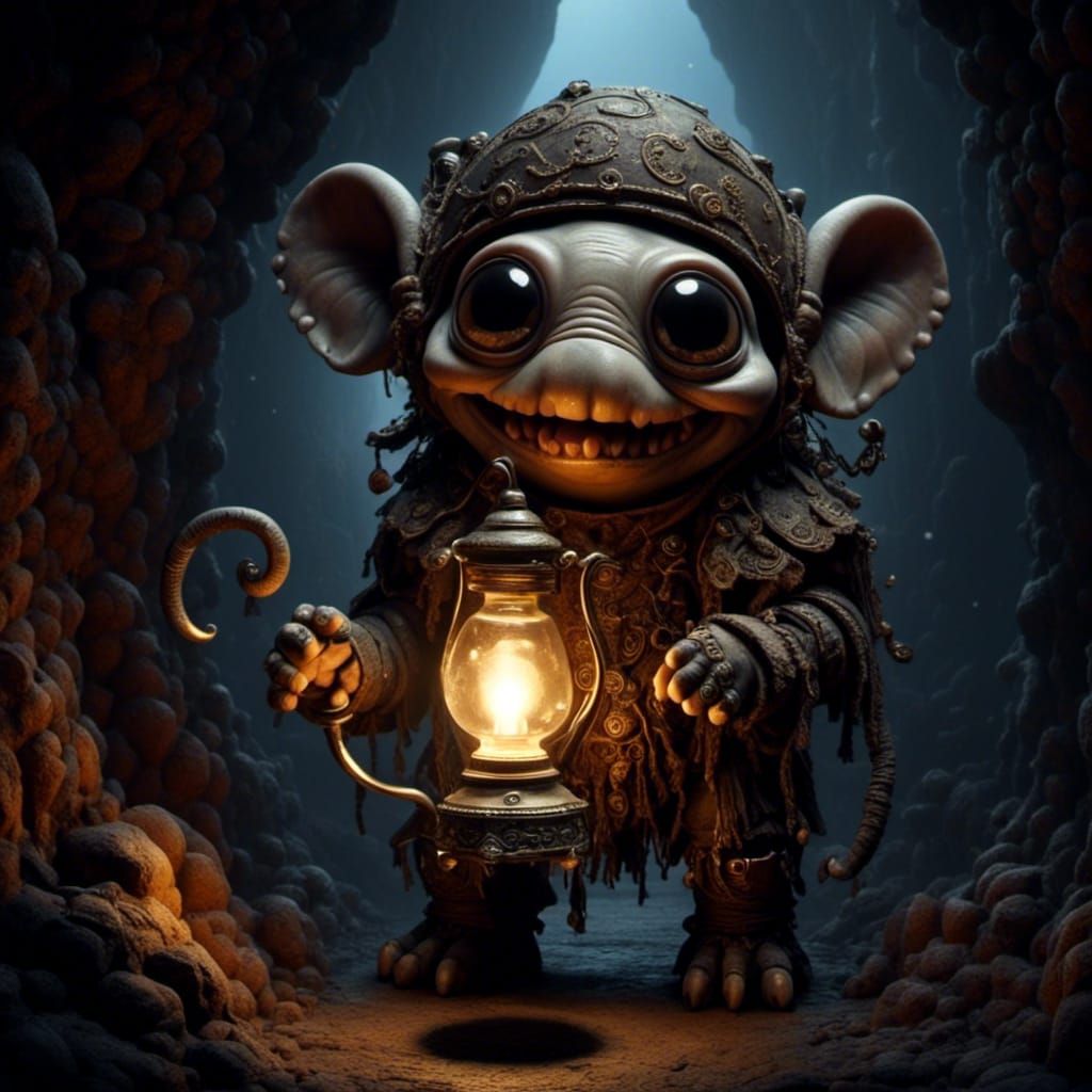 Hideous Creature Holds Lamp in Dark Cave