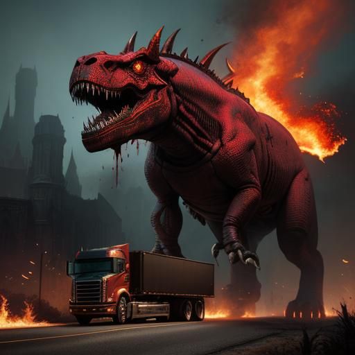 Demonic T-Rex with Burning Truck, Digital Art
