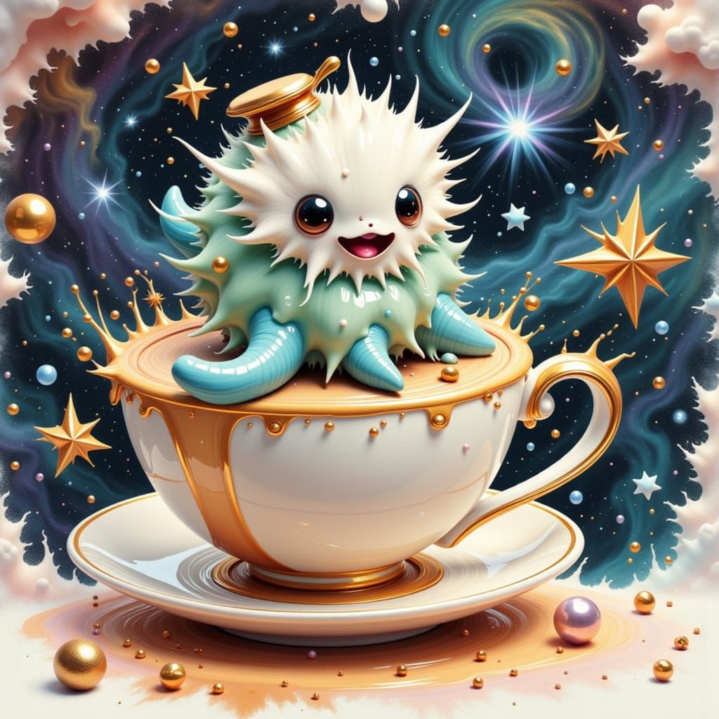 Tardigrade Teacup Voyage in Cosmic Latte Art Galaxy