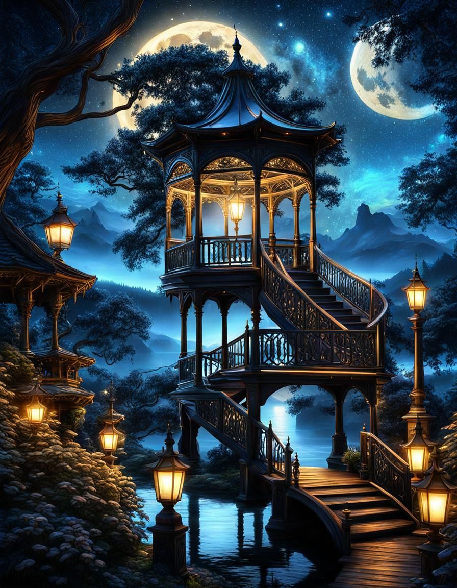Mystical Gazebo at Night Under Starry Sky