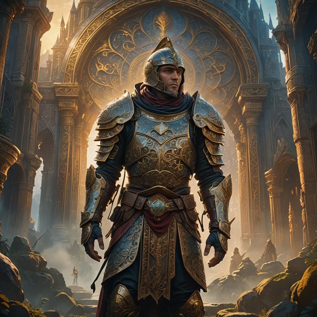 Armored Figure in Mystical Golden Hour Setting