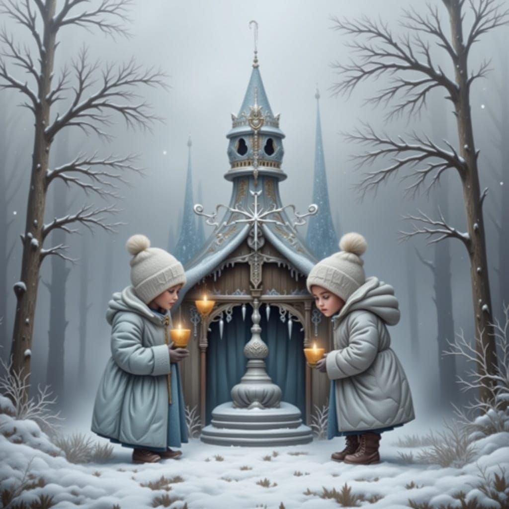 Ethereal Snow Princess Enfolds Twin Children in Whimsical Fo...