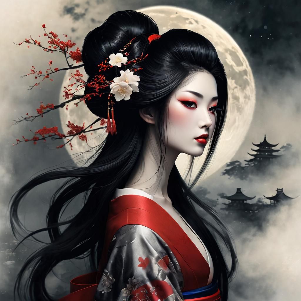 Enchanting Geisha Gazing at Moody Moon: Fantasy Art