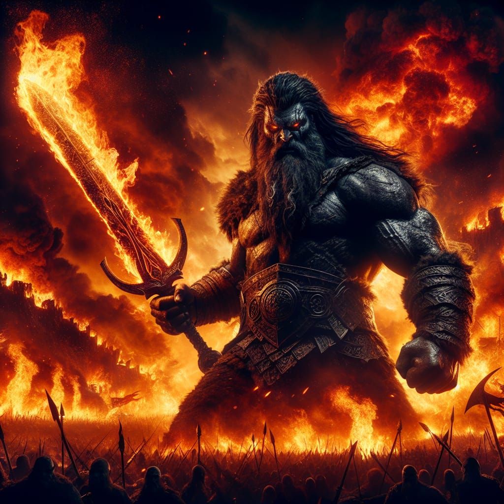 Fiery Giant Battles Across Ragnarök Battlefield