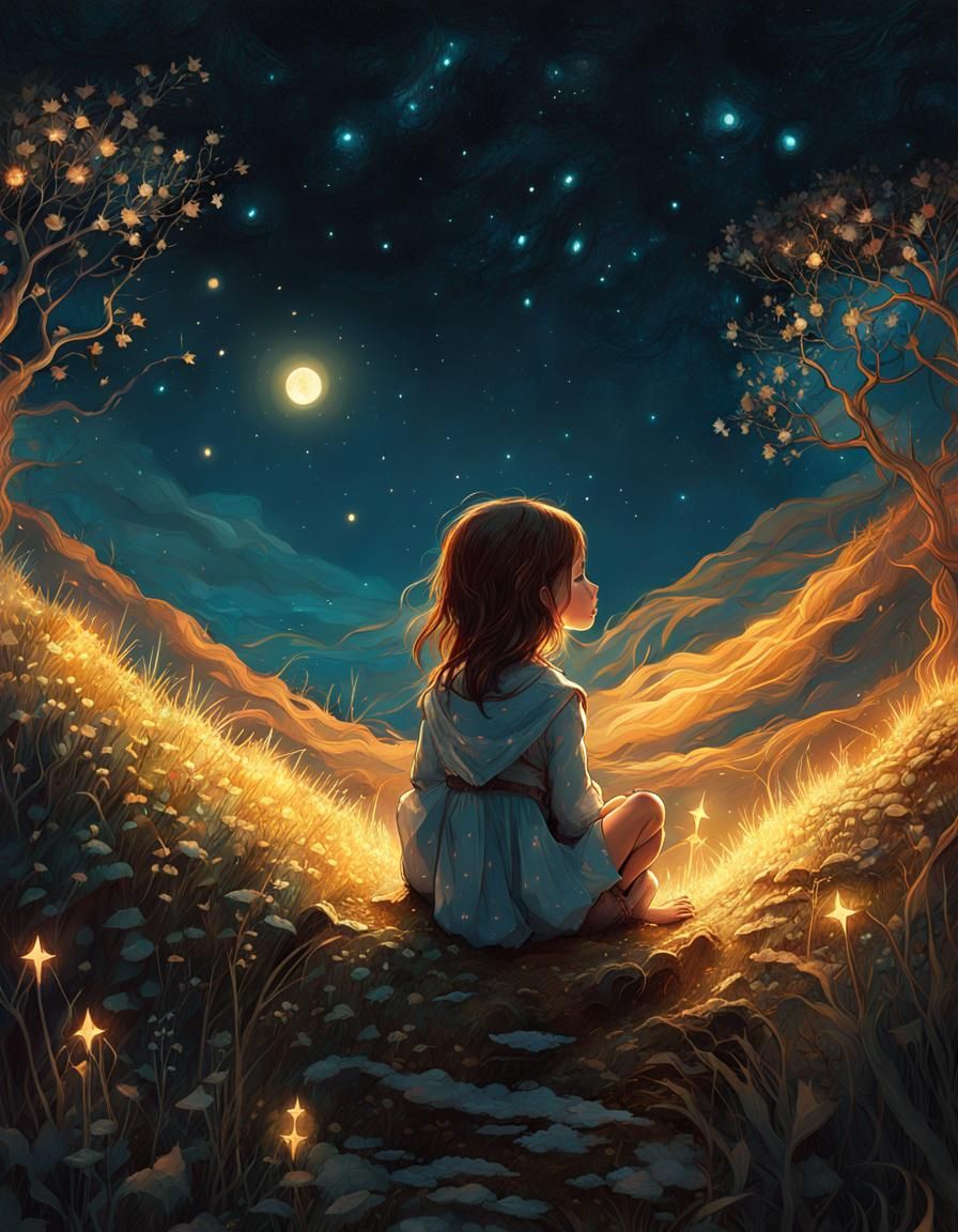 Girl Gazing at Twinkling Stars: Digital Art