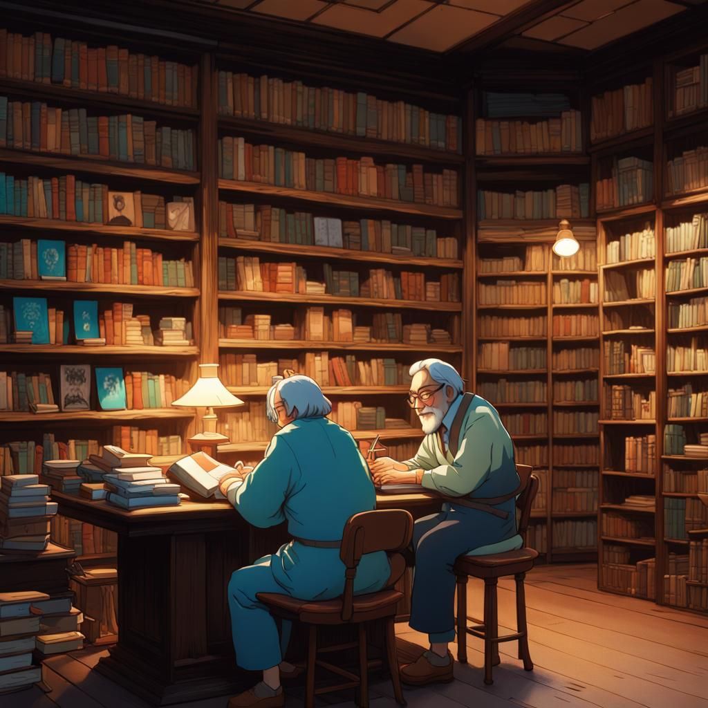 Japanese Bookstore Scene in Hayao Miyazaki Style