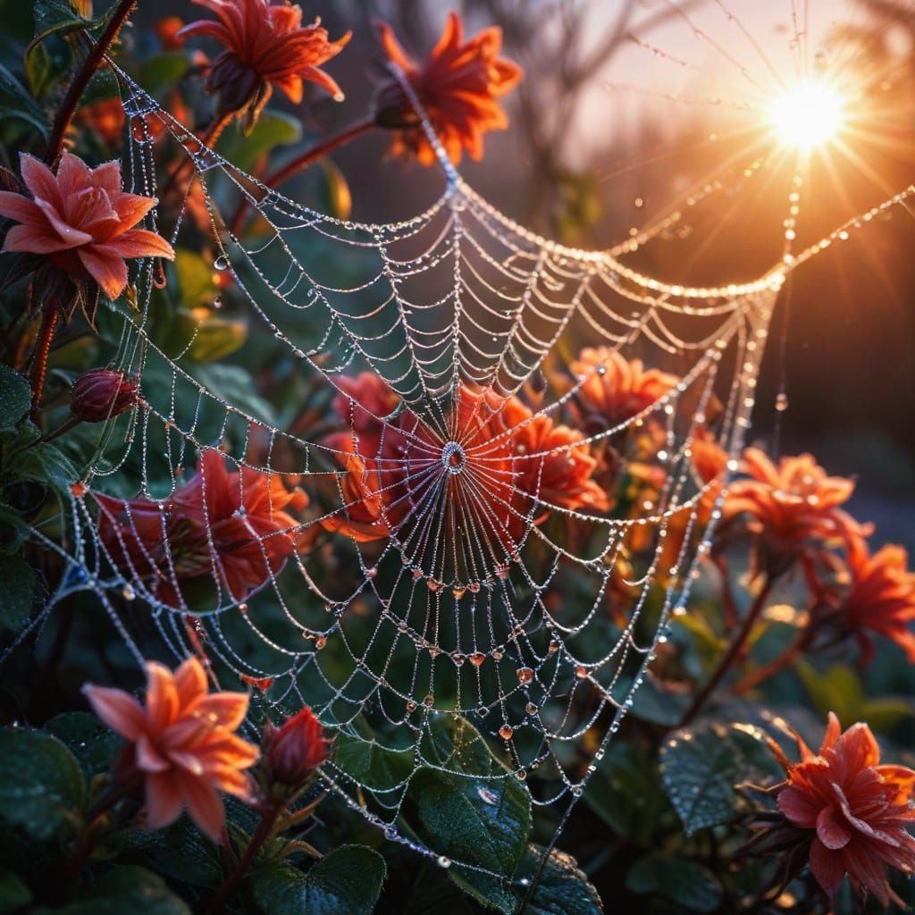 cobweb covered in dew drops