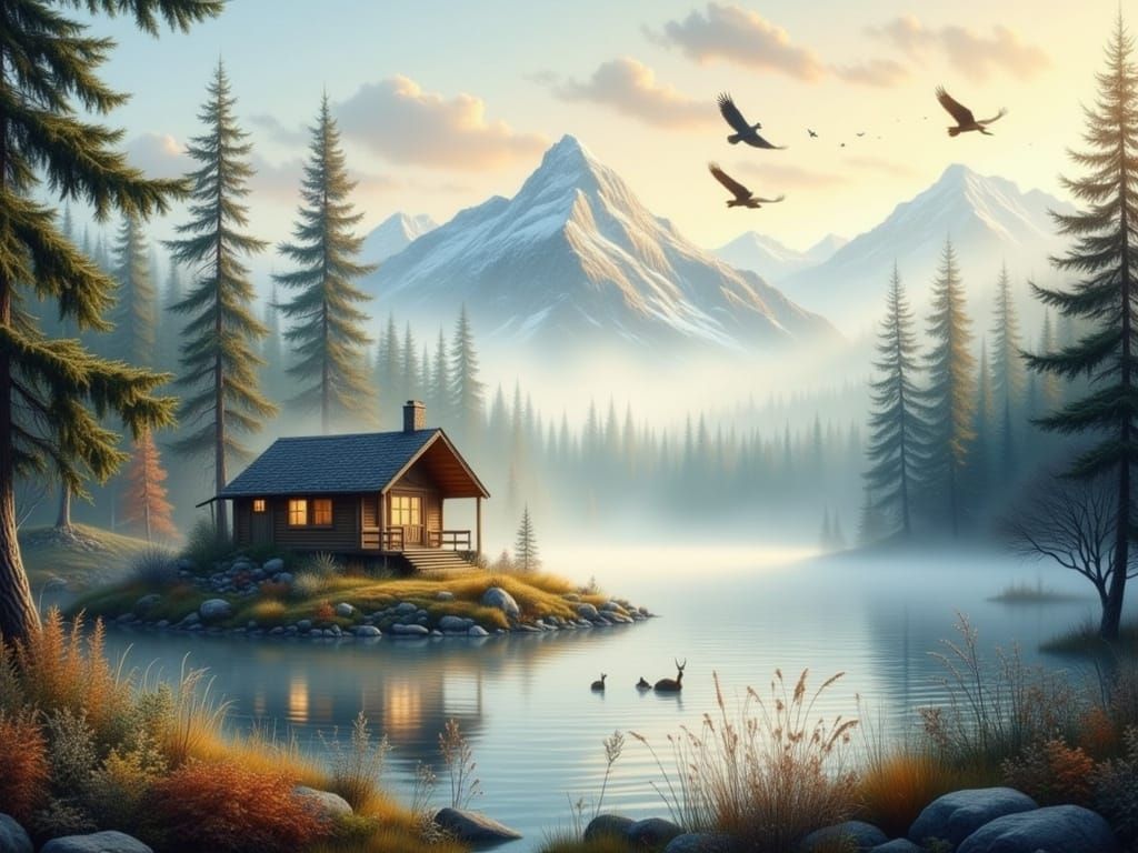 Rustic Cabin on Island in Serene Mountain Lake