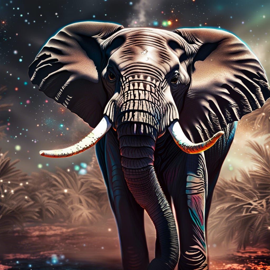Charging African Elephant: Cosmic Holographic Illustration