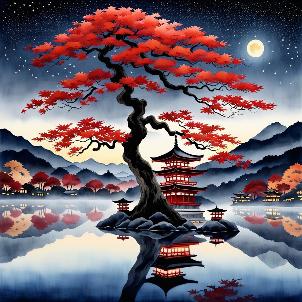 Japanese Maple Reflected, Watercolor Ink Wash Style