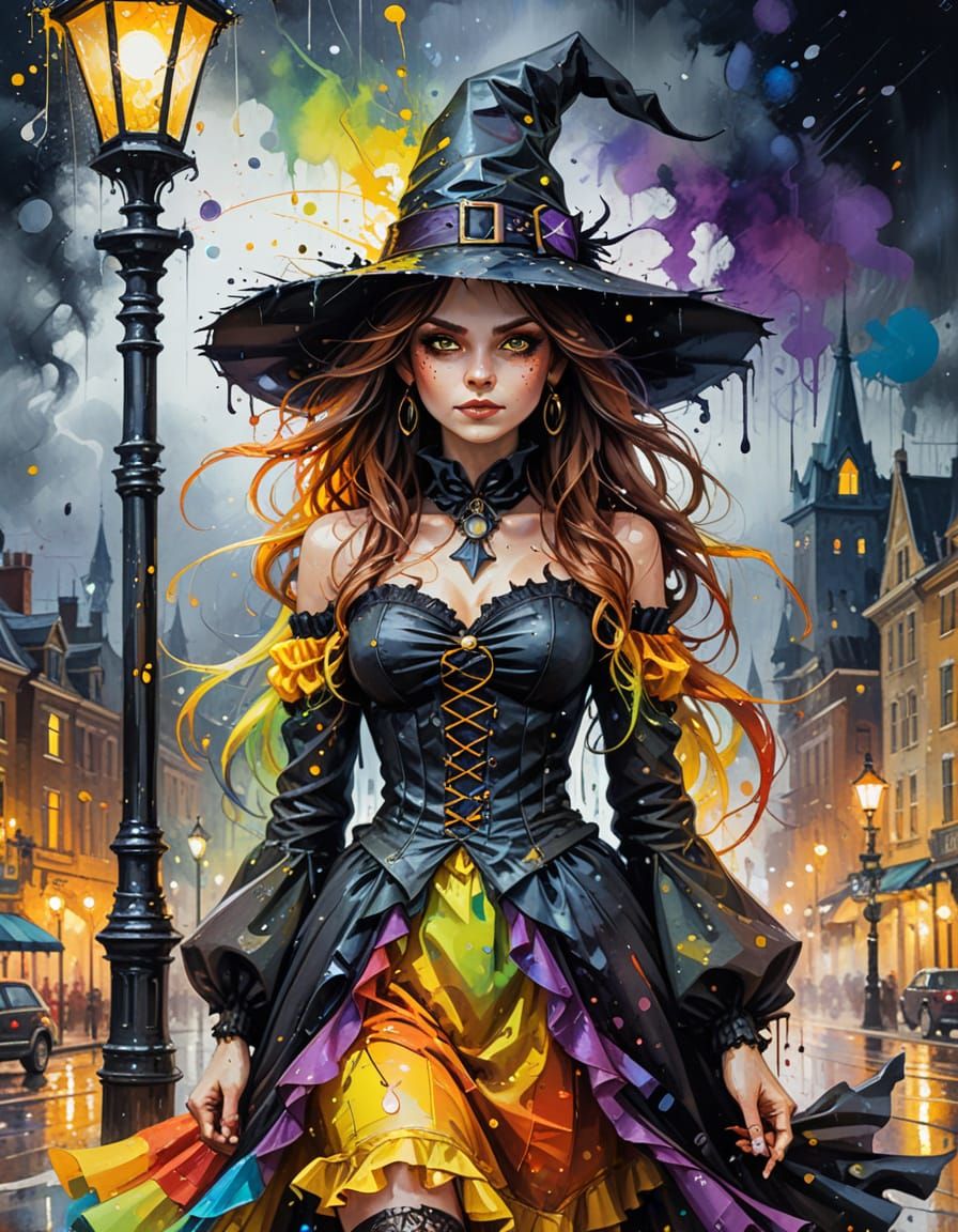 Steampunk Witch in Rainbow Dress Amidst Night City