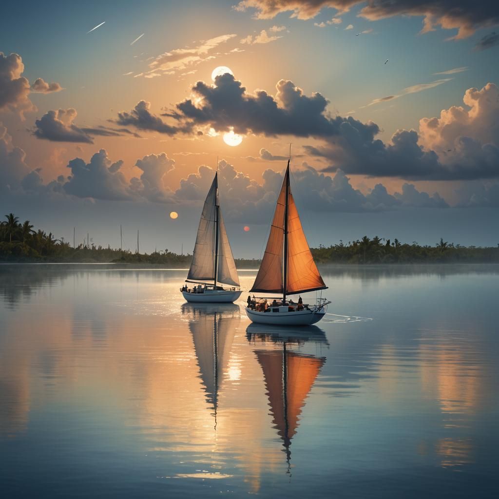 Sailboat on Serene Lake in Bahamas Moonlight
