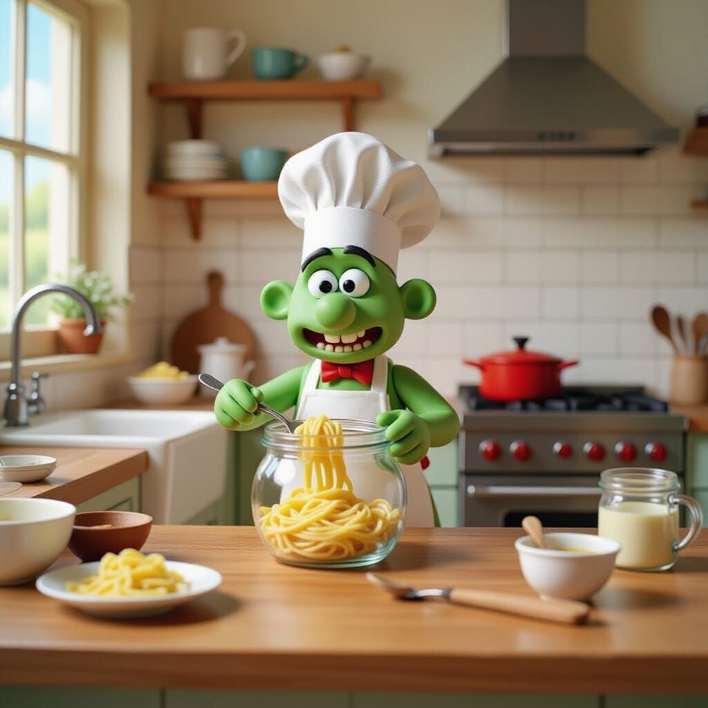 Tiny Alien Chef Prepares Pasta: Aardman and Ghibli Style