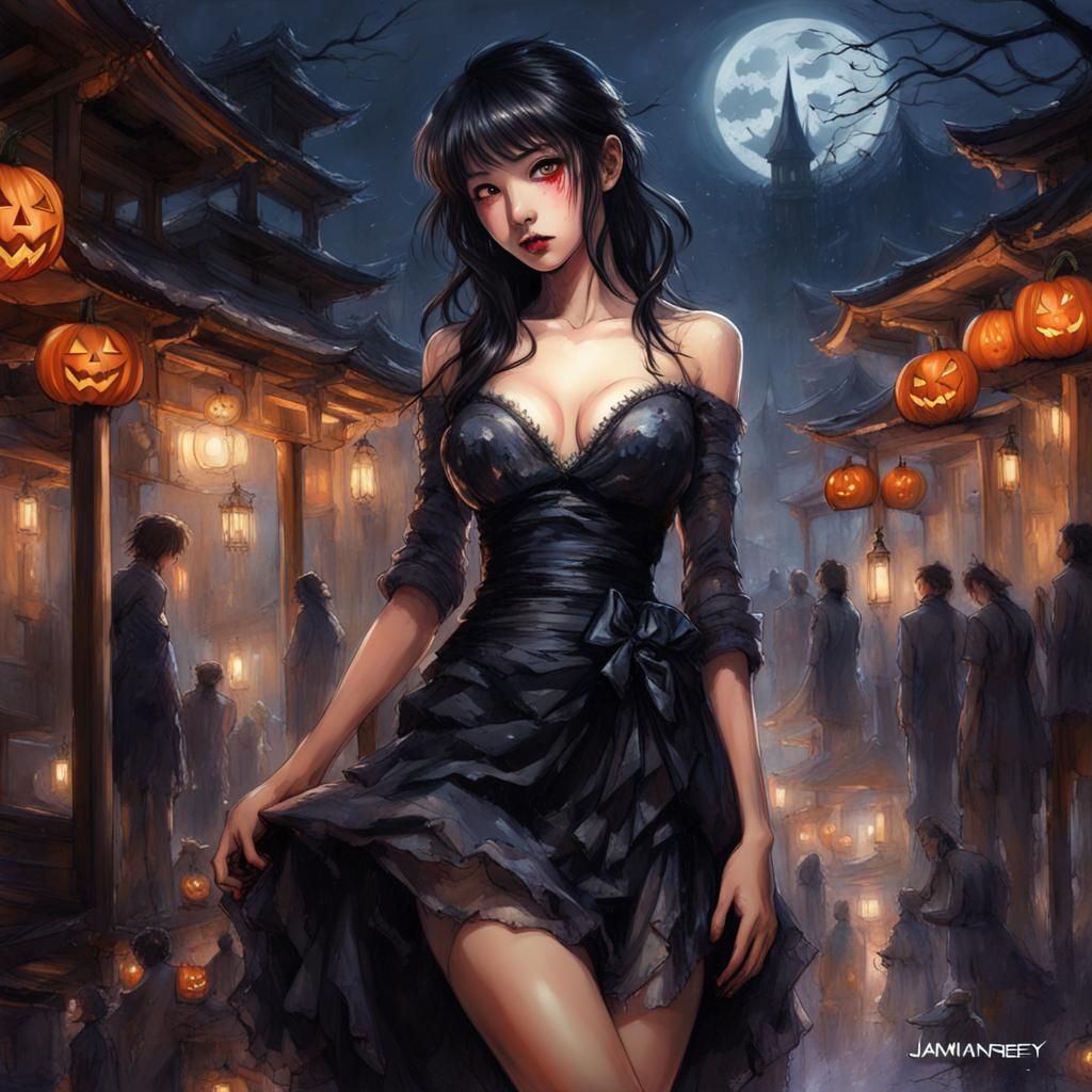 Beautiful Japanese Girl Portrait with Halloween Elements