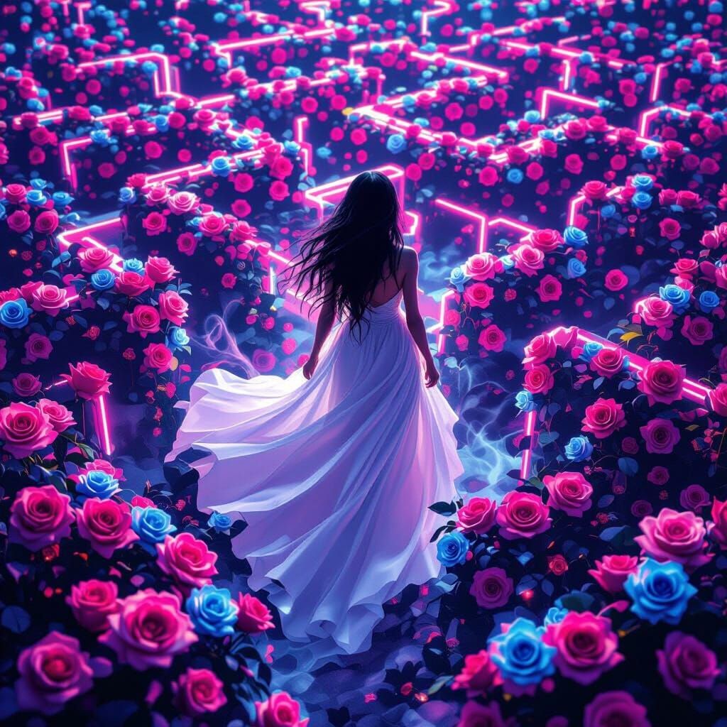 Woman Lost in Neon Rose Maze