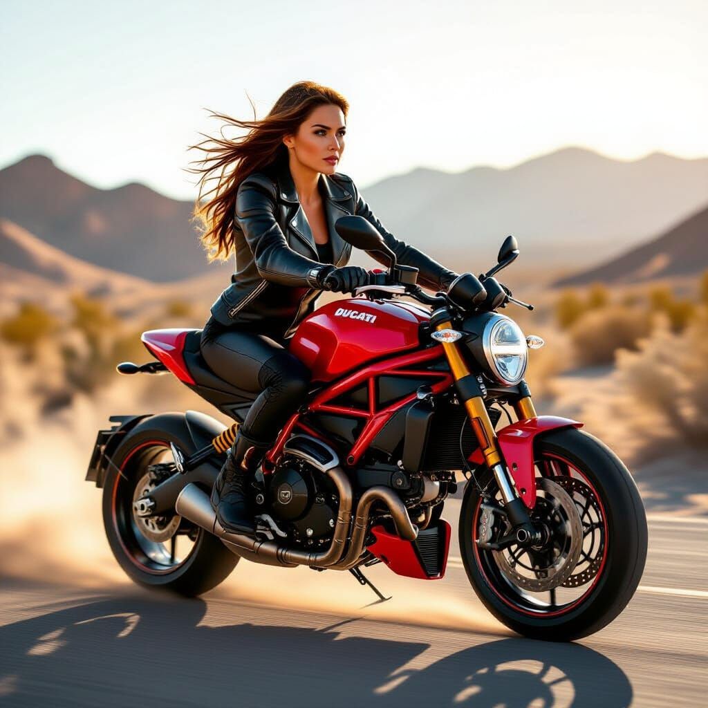 Ducati Motorcycle in Desert Landscape: Retro-Futurism