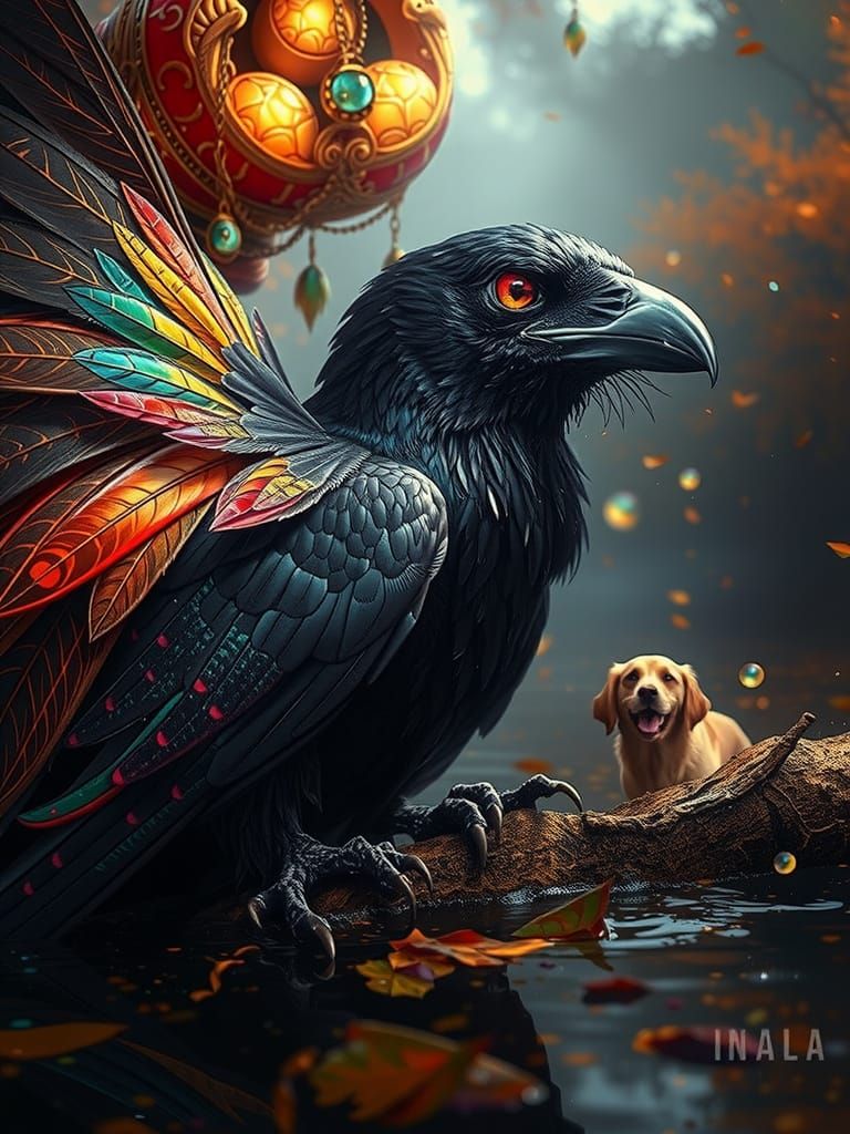 Majestic Crow on Branch, Mythical Hound by River, Dreamlike ...