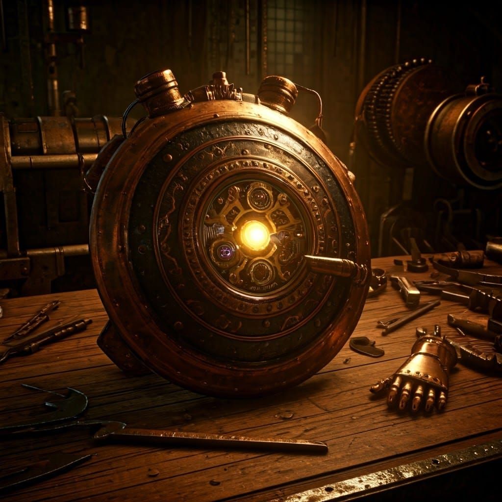 Steampunk Victorian Shield in Dimly Lit Workshop