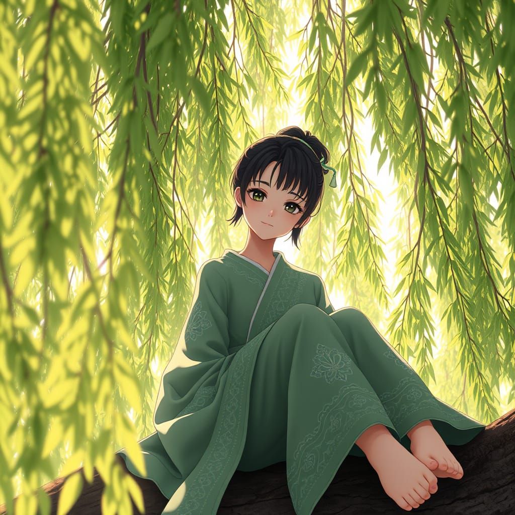 Girl in a Weeping Willow Tree, in Elegant Green Attire