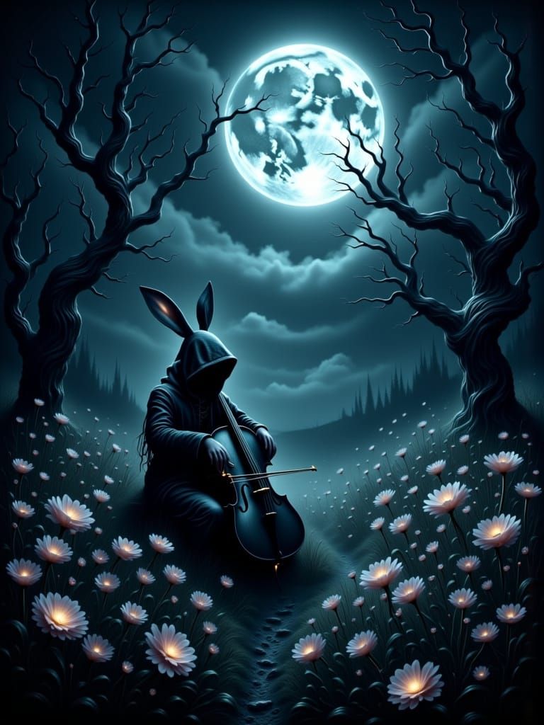 Gothic Rabbit Figure Plays Cello Under Full Moon