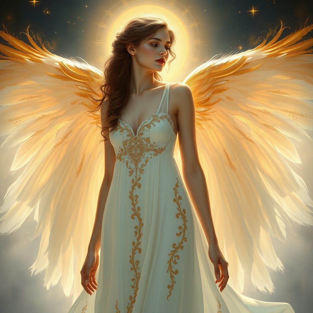 Ethereal Beauty with Golden Wings and Flowing Gown