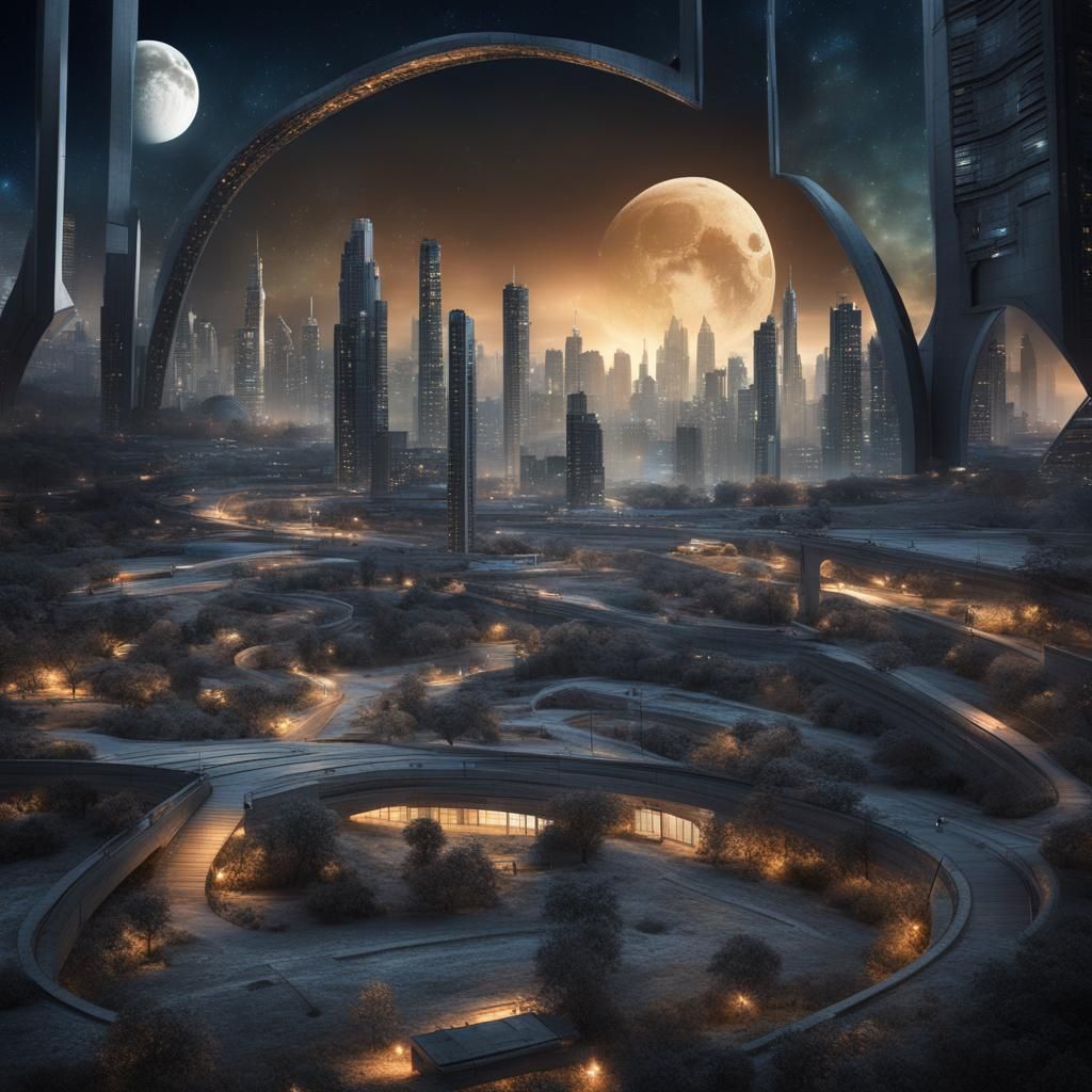 Surreal Sci-Fi Cityscape Under Galactic Moonlight
