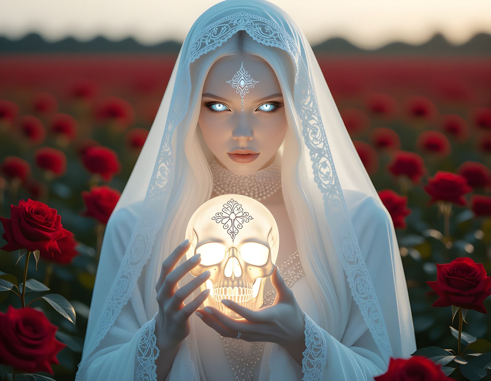 Albino Woman with Glowing Skull in Fantasy Art