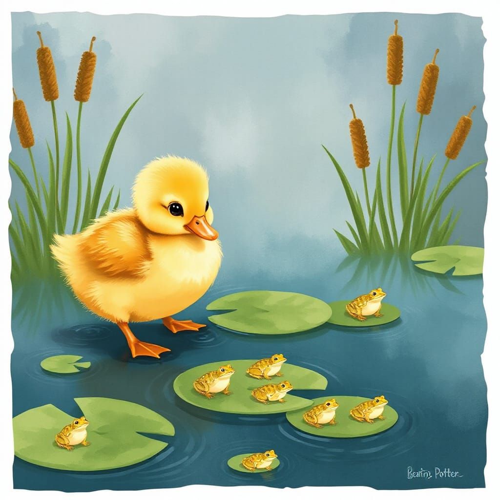 Whimsical Pond Scene in Beatrix Potter Style