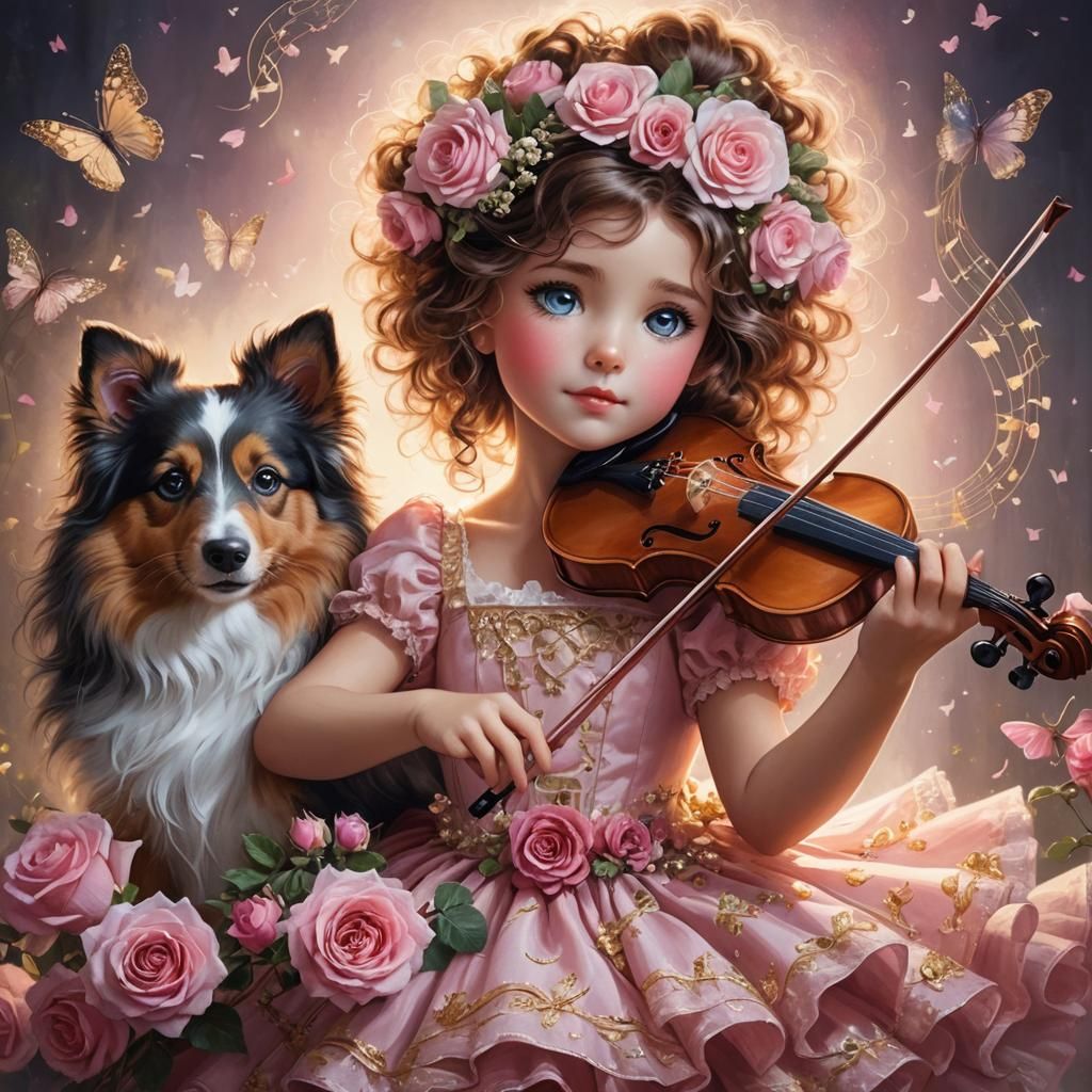 Girl with Violin and Sheltie in Magical Scene