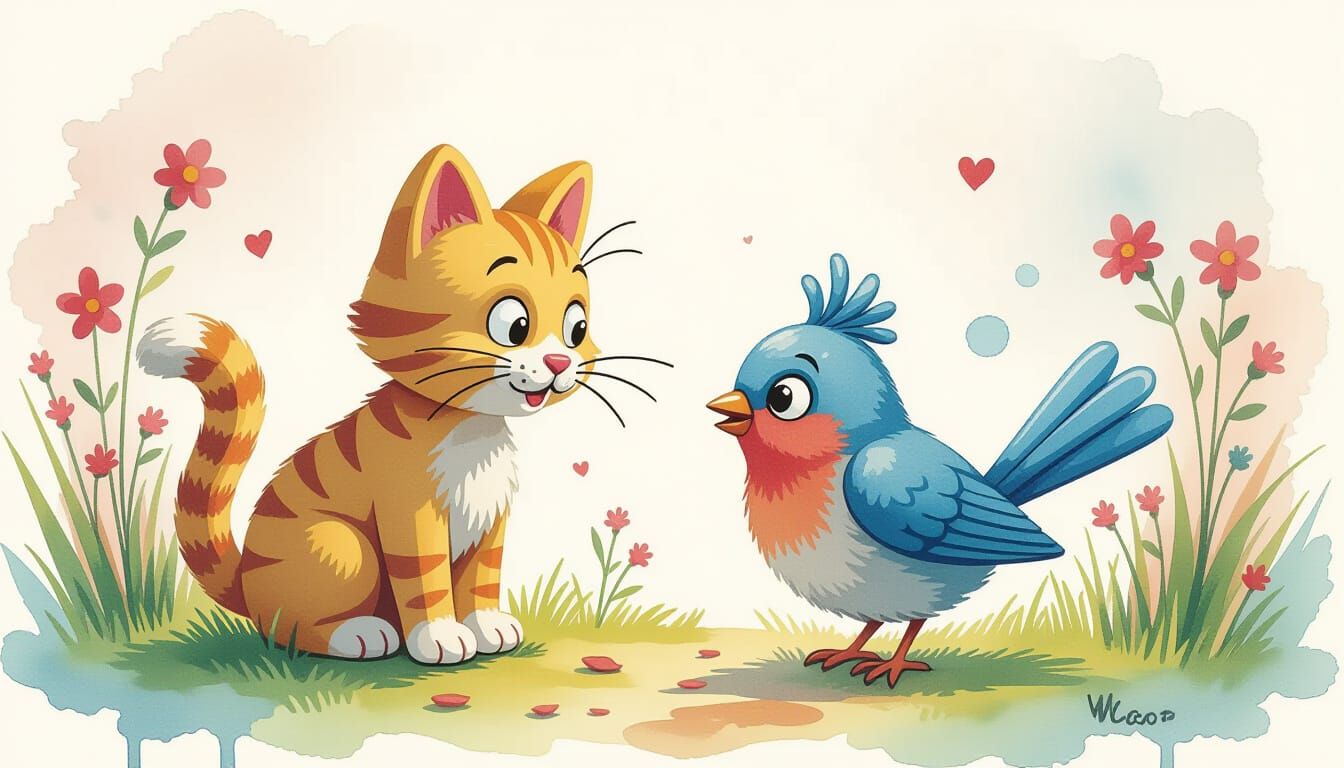 Claymation Cat and Bird Play Hide and Seek in Watercolour St...