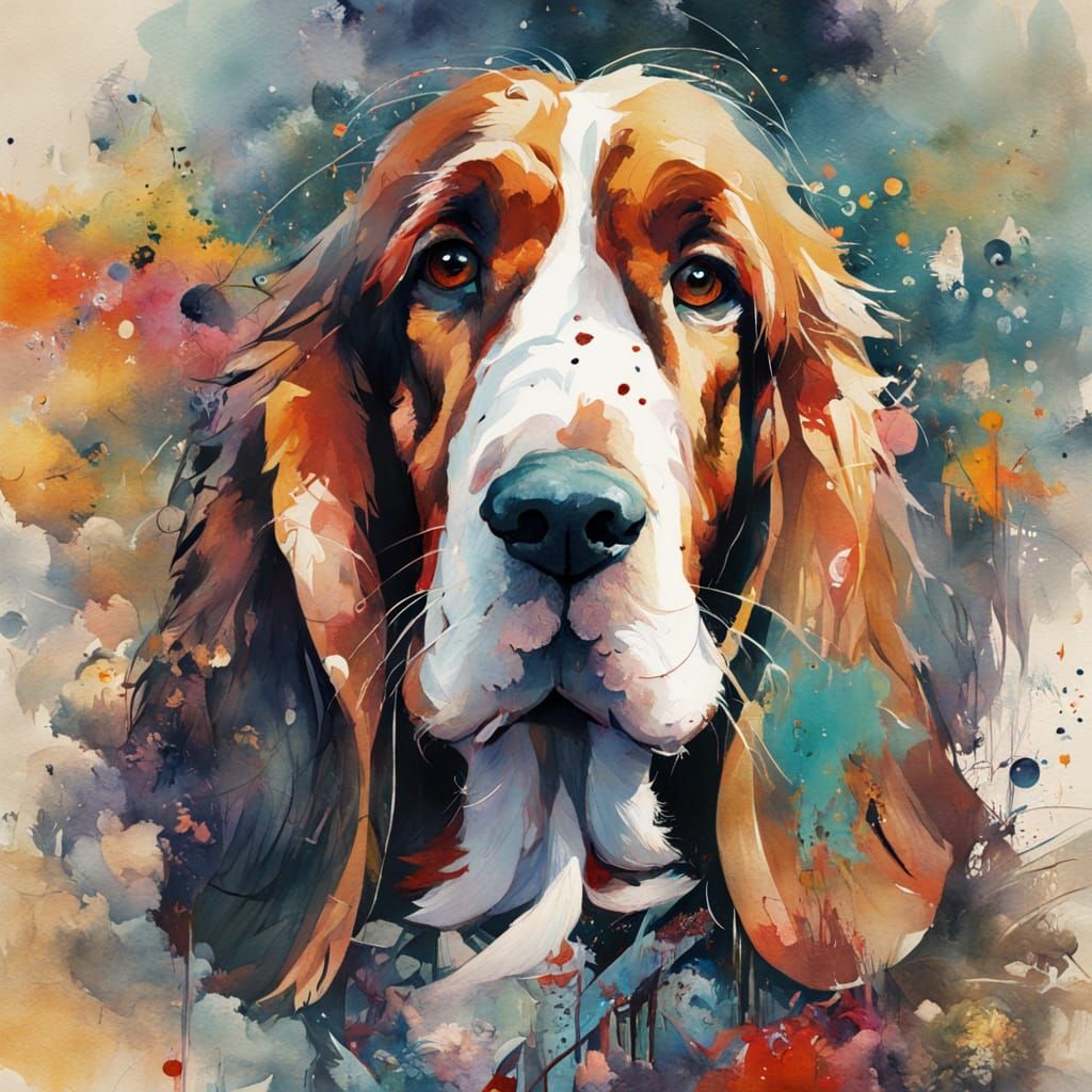 Basset Hound Portrait in Vibrant Watercolor Style