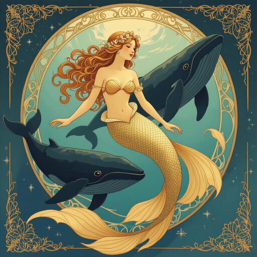 Golden Mermaid and Whales in Art Nouveau Style