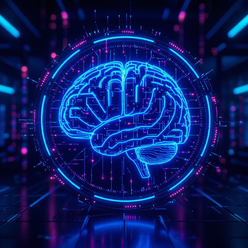 Digital Brain with Neon Circuits and Holographic Effects