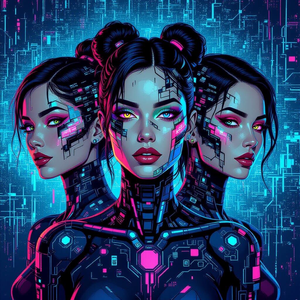Cyberpunk Women with Neon Circuits Pattern