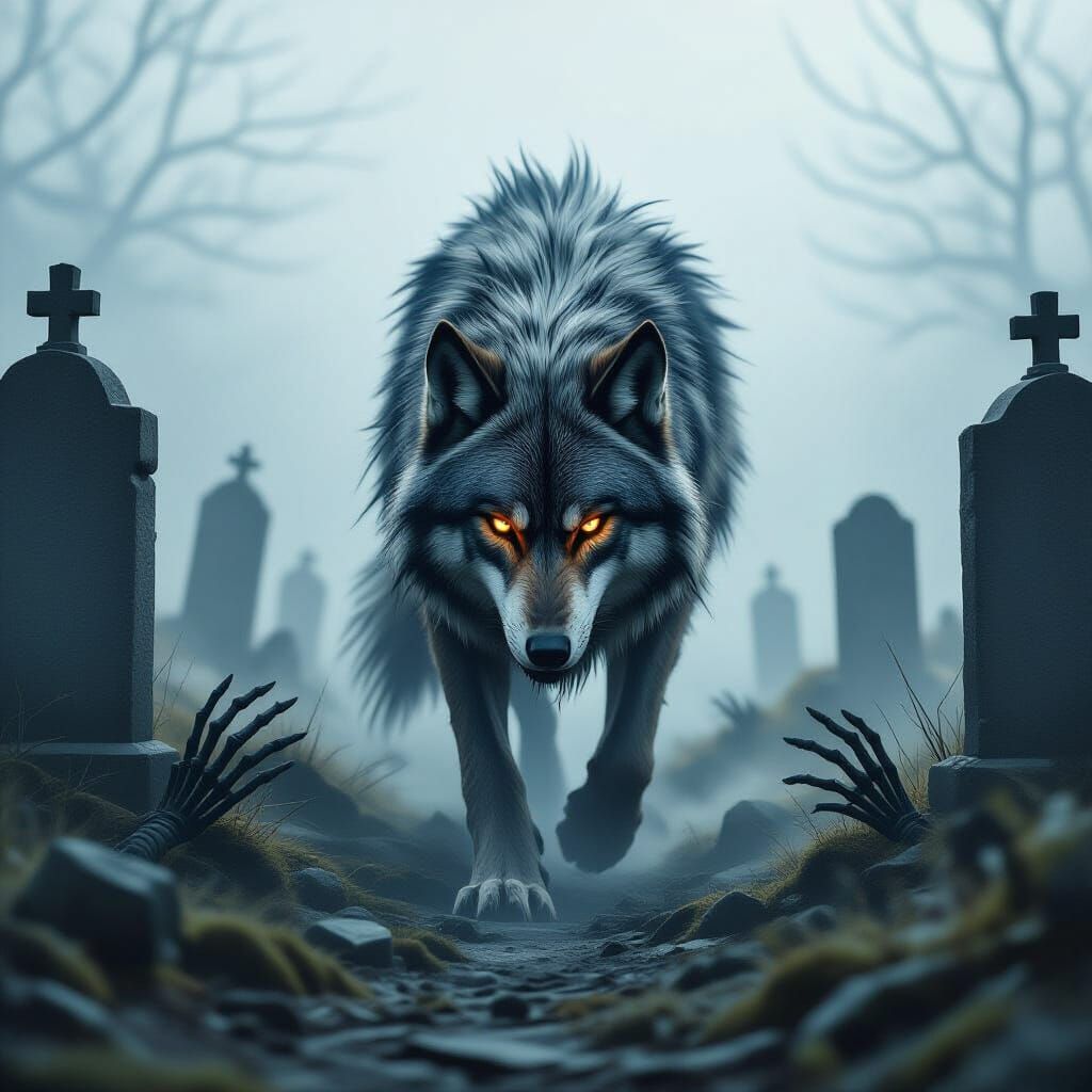 Spectral Wolf Prowls Graveyard in Dark Fantasy Style