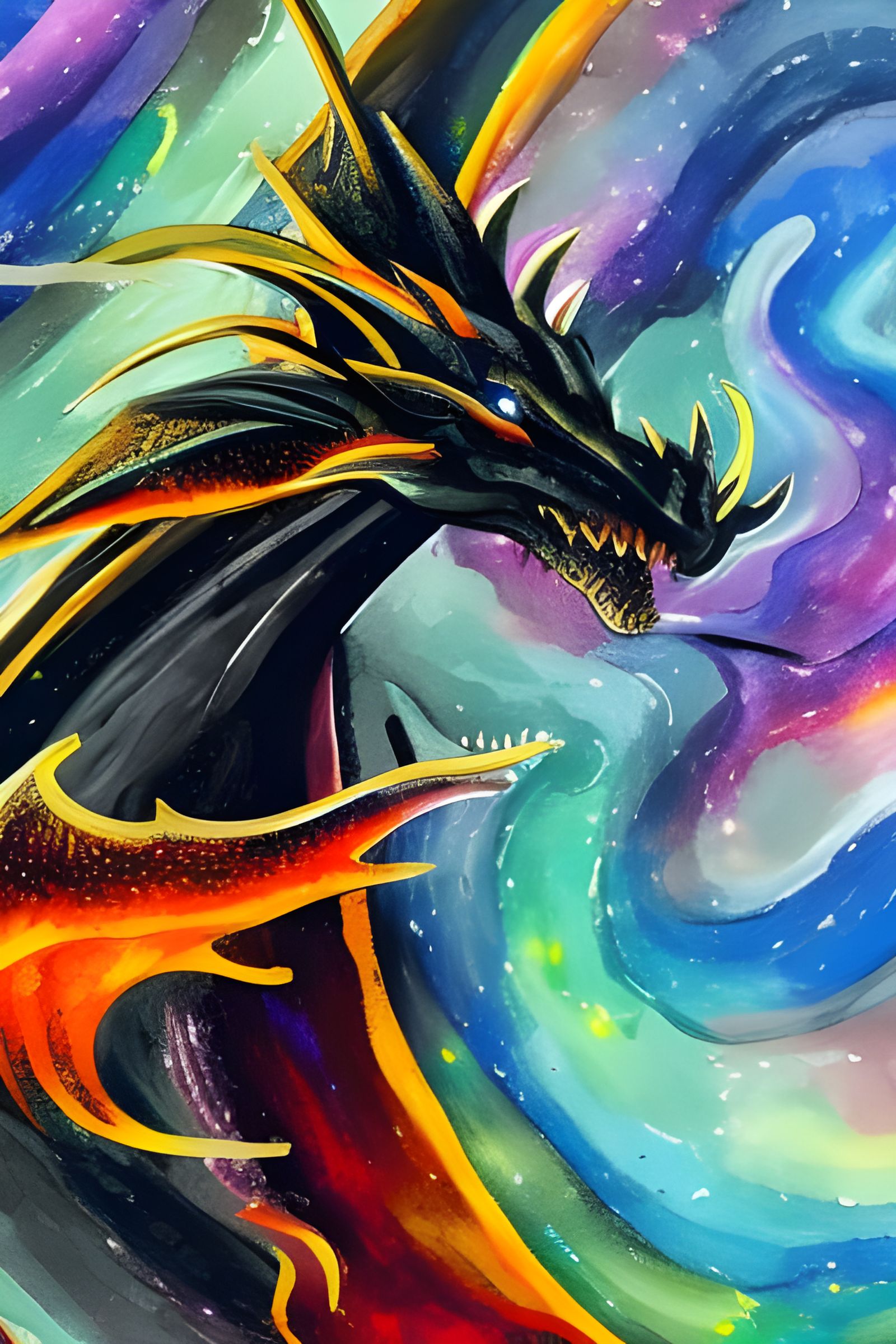 Galactic Black Dragon Gouache Painting