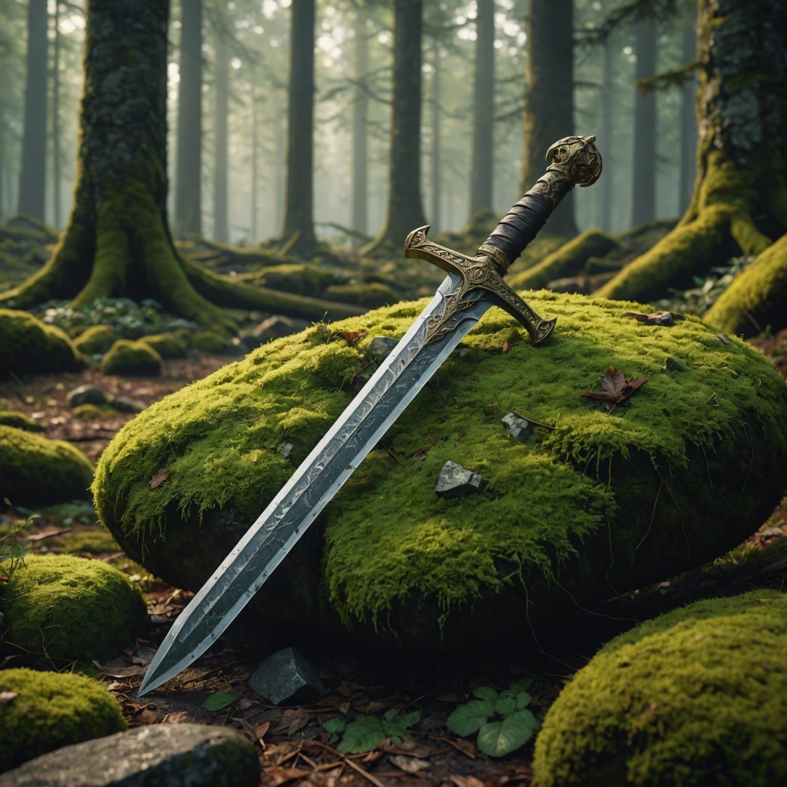 Roman Sword in Mossy Stone: Fantasy Concept Art