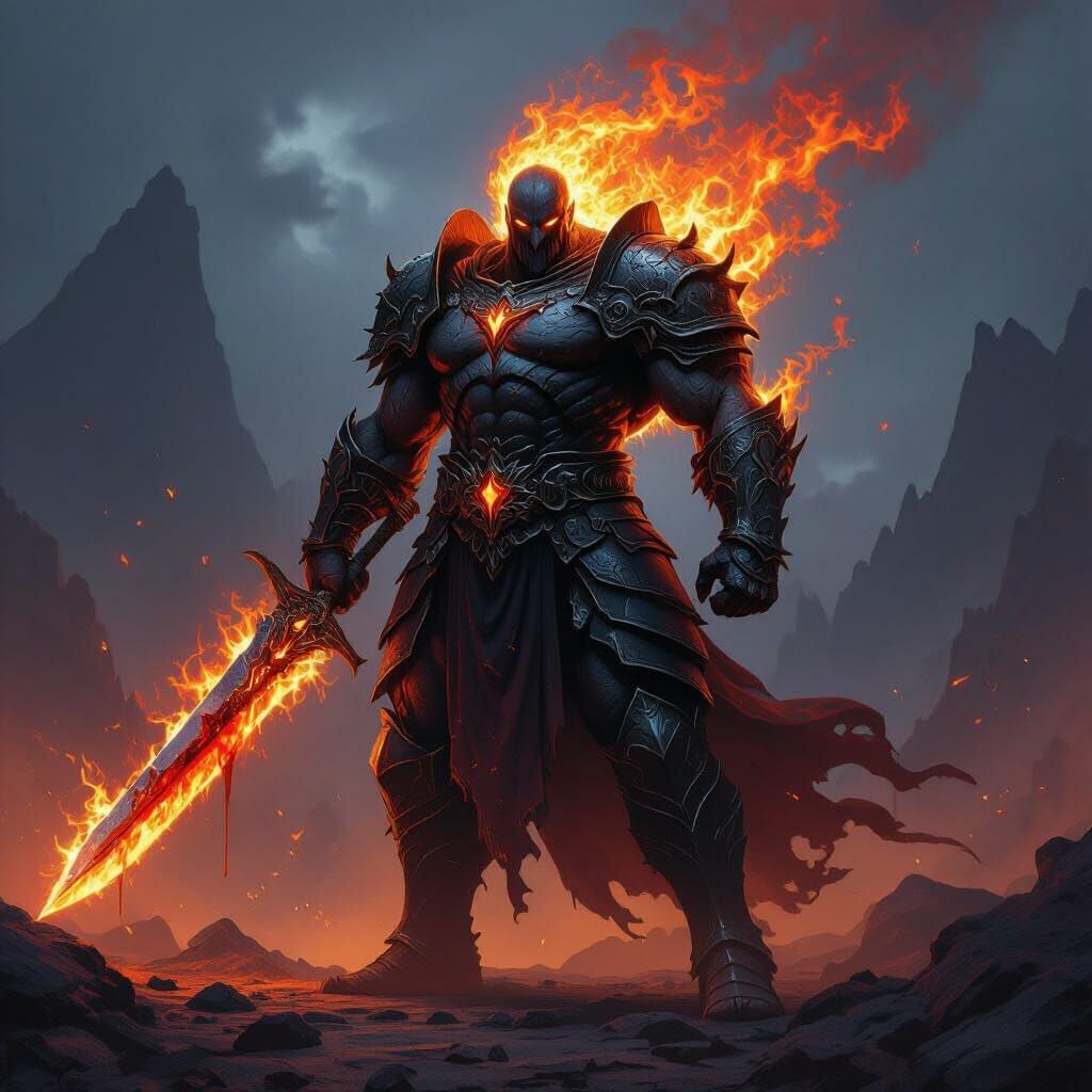Fiery Warrior in Obsidian Armor with Bloodied Sword
