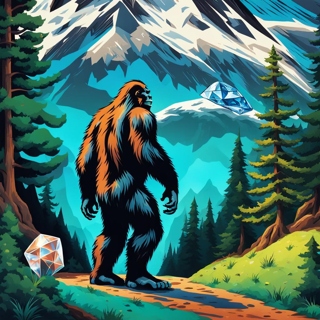 Bigfoot Holding a Diamond in Digital Painting Style