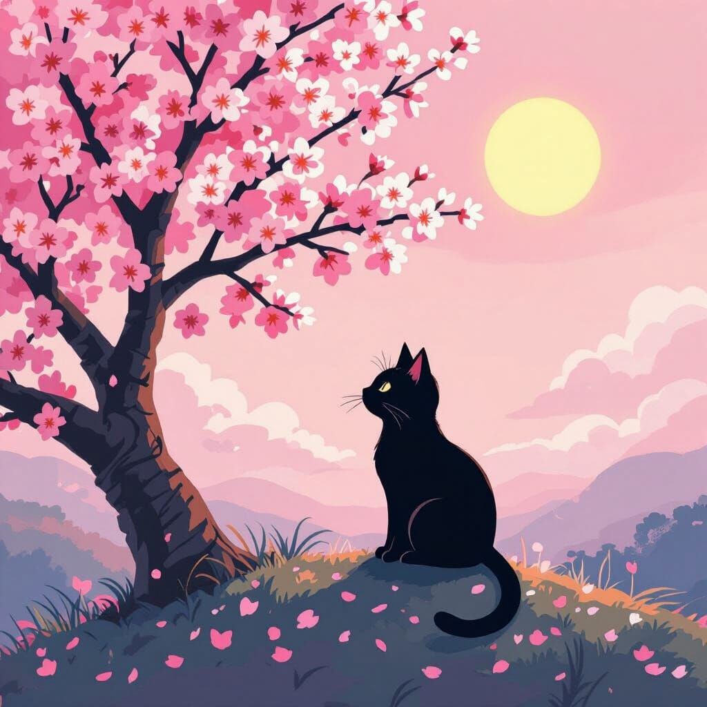 Black Cat Under Pink Evening Sky