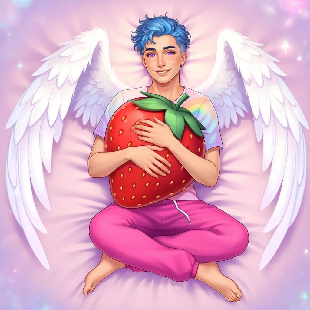 Cal cuddling a strawberry plushie