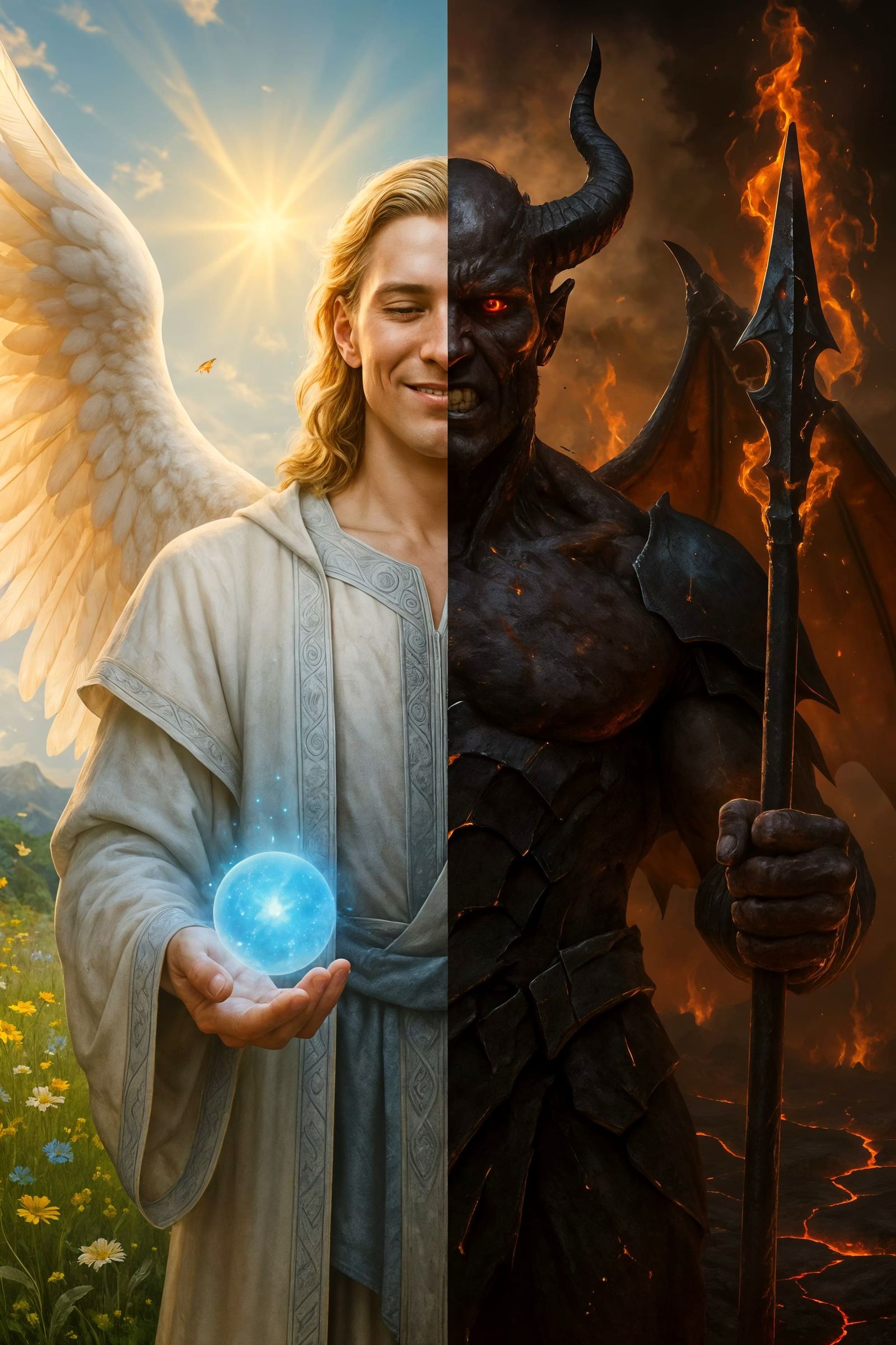 Divided Male Character with Angelic and Demonic Halves