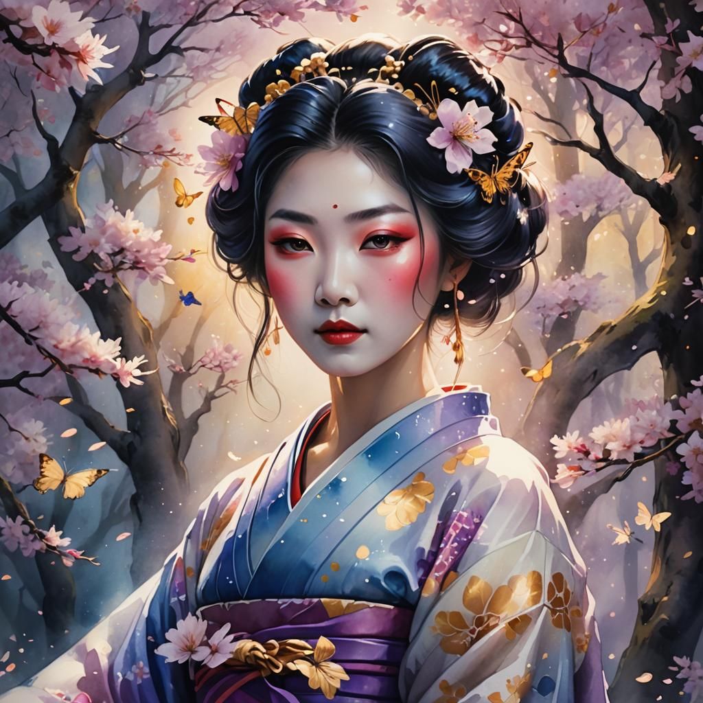 Ethereal Geisha Portrait in Watercolor Fantasy Style