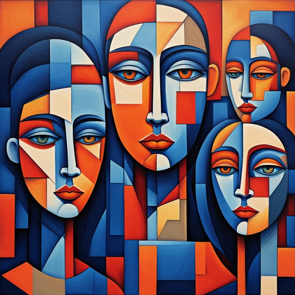 Cubist Female Faces in Vibrant Abstract Painting