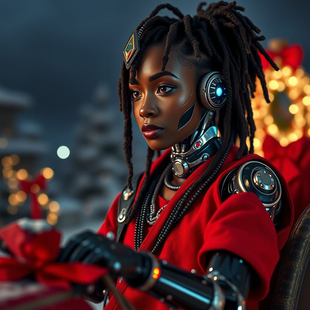 African Cyborg Goddess Rides Christmas Sleigh in Hyperrealis...