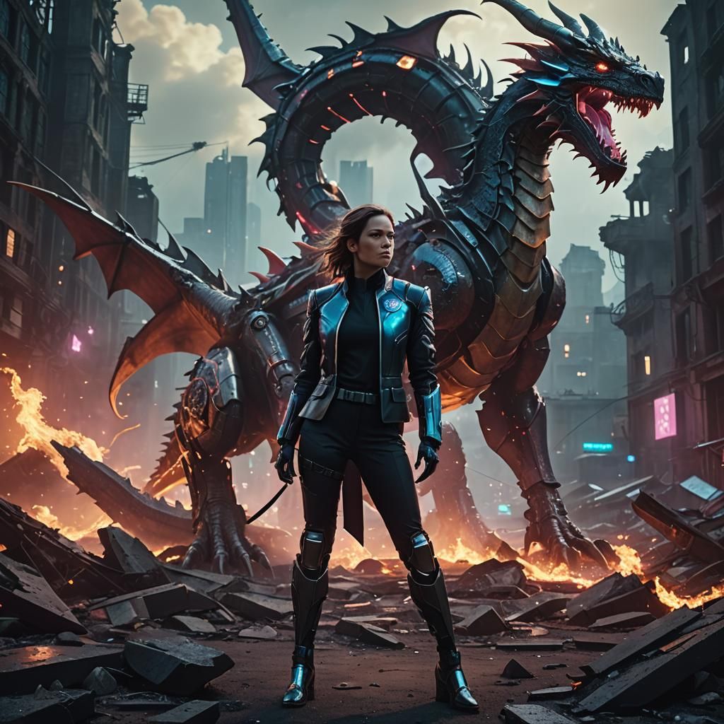 Woman in Power Suit Over Defeated Dragon