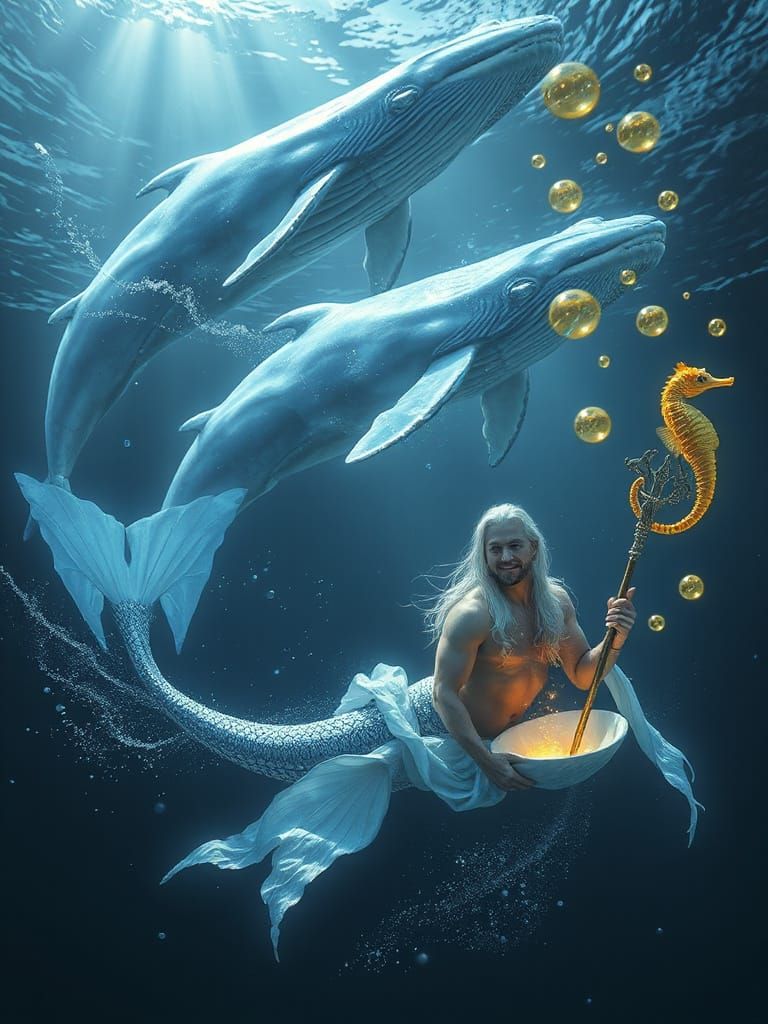 Bioluminescent Whales and Merman in Digital Painting