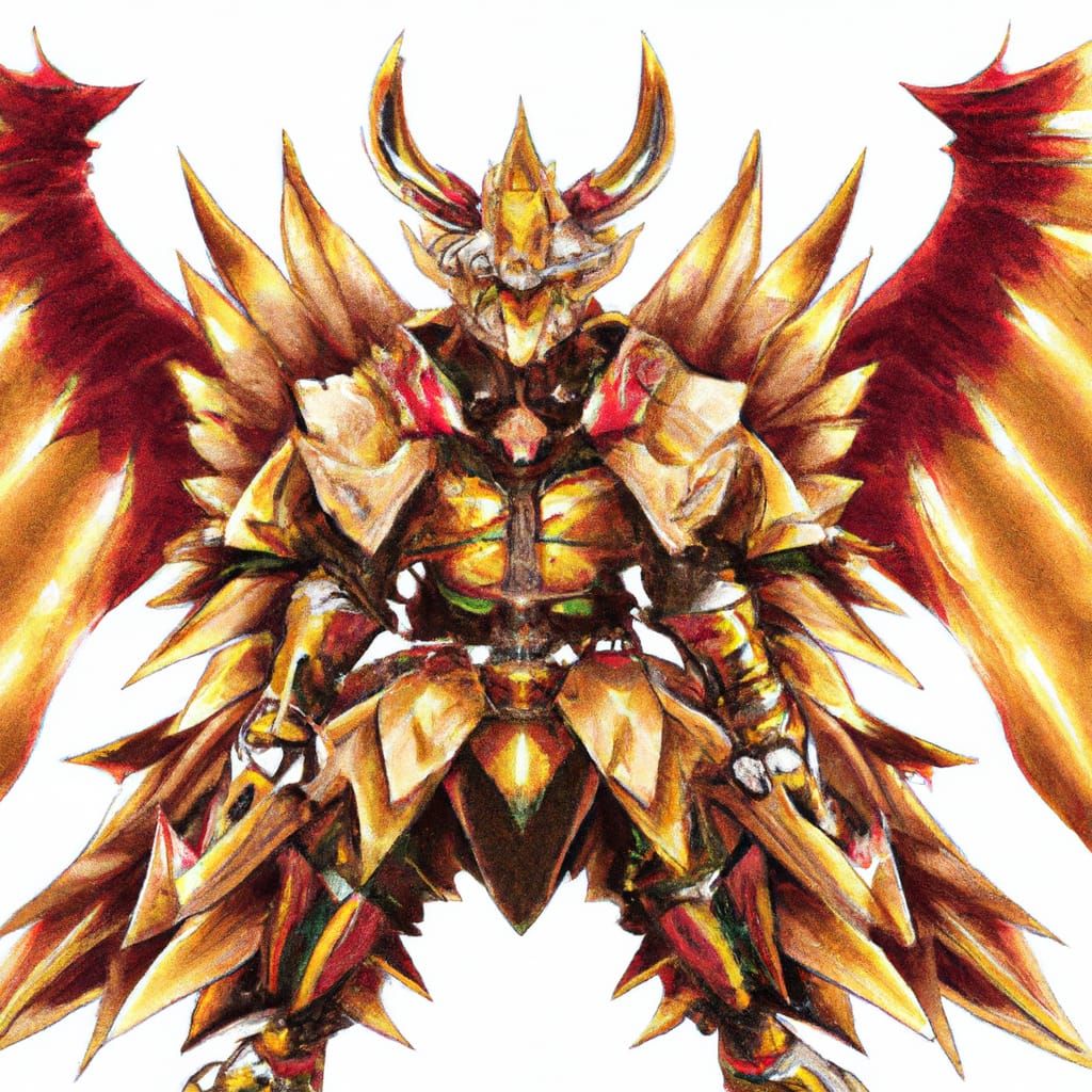 Winged Armored Figure with Crown: Anime Style Artwork