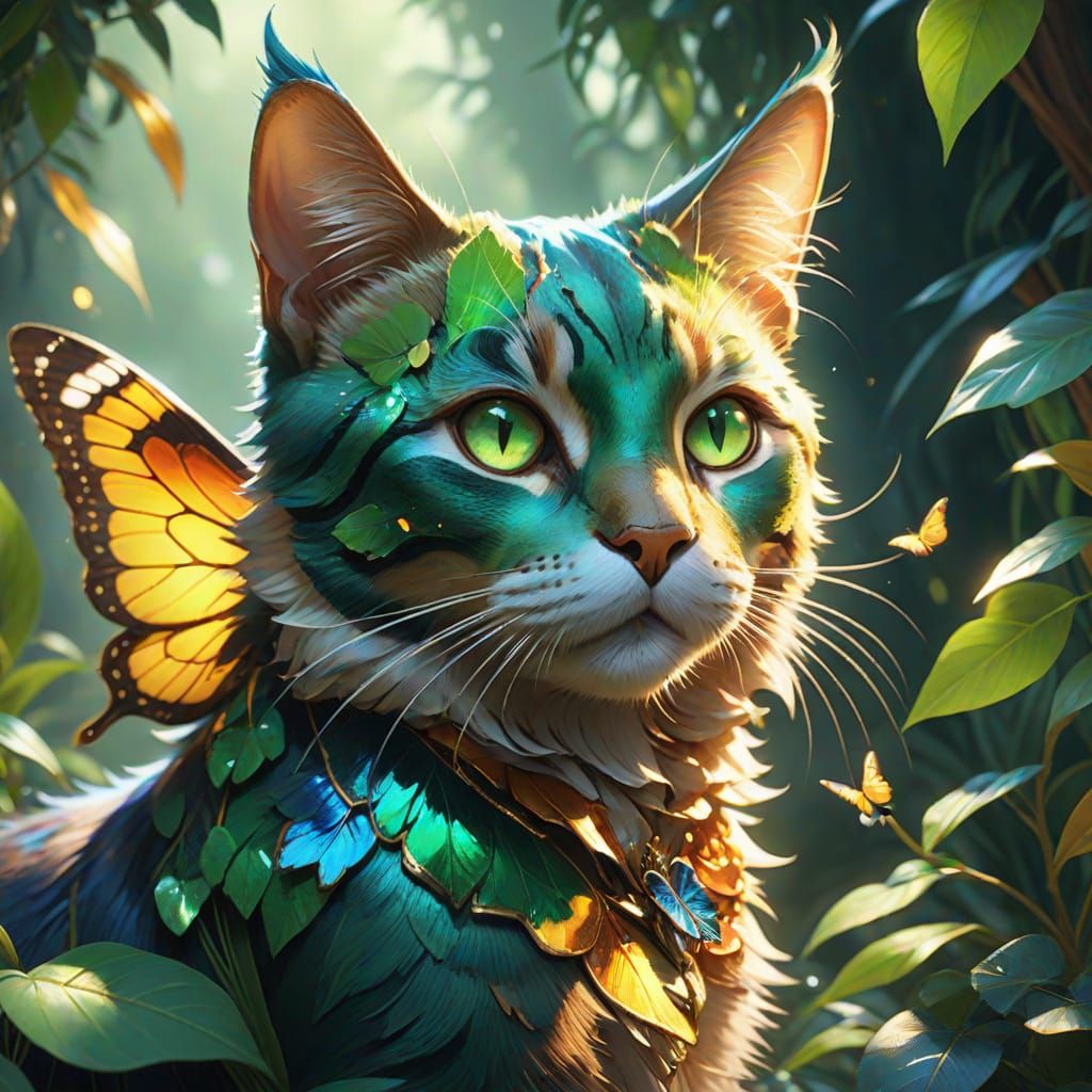 Whimsical Cat with Iridescent Wings in a Tropical Oasis